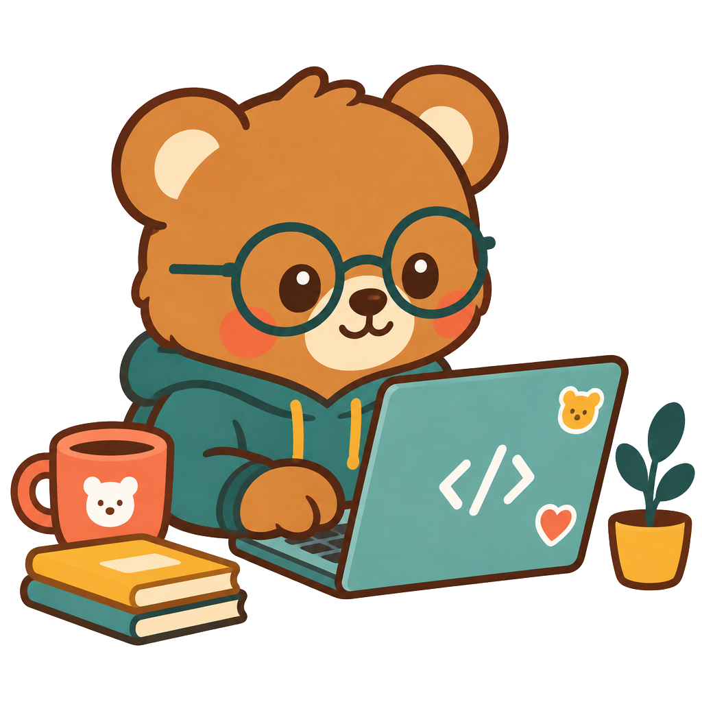 Teddy bear coding on a laptop